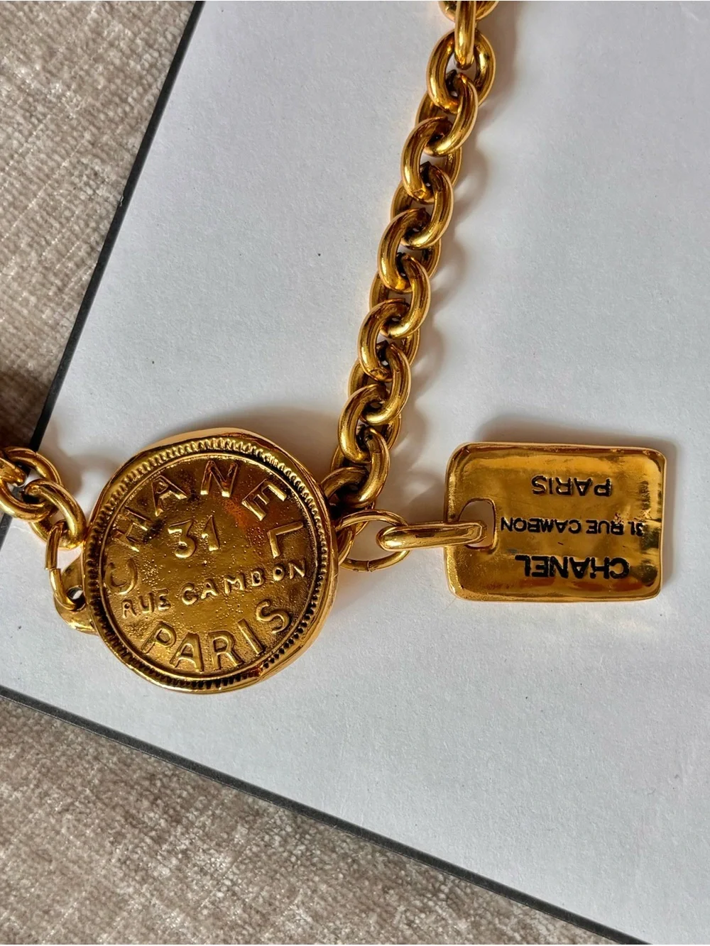 Authentic CHANEL medallion charm gold plated Rue Cambon 31 medallion belt 80cm